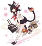  1girl animal_ear_fluff animal_ears azur_lane bag ball bell black_footwear black_hair black_sailor_collar black_skirt bow bread breasts cannon cat_ears cat_girl cat_tail food food_in_mouth fox_mask full_body hair_bow hair_ornament holding holding_bag jingle_bell large_breasts leg_up loafers looking_at_viewer lunchbox mask mask_on_head midriff_peek miniskirt mouth_hold neckerchief official_art onigiri pencil petals pleated_skirt rain_lan red_eyes red_neckwear sailor_collar school_bag school_uniform serafuku shirt shoes short_hair short_sleeves skirt solo tail tail_bow tail_raised thighhighs transparent_background white_legwear white_shirt x_hair_ornament yamashiro_(azur_lane) yamashiro_(street_corner_offensive!)_(azur_lane) zettai_ryouiki 