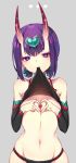  1girl bangs bare_shoulders black_fundoshi blush breasts chinese_clothes clothes_lift covering covering_breasts detached_sleeves dudou earrings eyeliner fang fate/grand_order fate_(series) forehead_jewel fundoshi grey_background hands_on_own_chest headpiece heart heart-shaped_pupils heart_hands highres horns japanese_clothes jewelry looking_at_viewer low_twintails makeup mouth_hold navel oni oni_horns purple_eyes purple_hair short_eyebrows short_hair short_twintails shuten_douji_(fate/grand_order) shuten_douji_(halloween_caster)_(fate) simple_background small_breasts solo symbol-shaped_pupils twintails vivivivi 