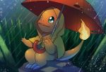  aqua_eyes bottomless capelet charmander claws clothed_pokemon fangs fire full_body gen_1_pokemon grass hands_up highres holding hood hooded_capelet legs_together looking_up no_humans open_mouth outdoors pokemon pokemon_(creature) rain raincoat rock shiny shiny_skin sitting solo umbrella yellow_capelet yukifuri_tsuyu 