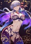  1girl bangs bare_shoulders blue_hair blush bra breasts contrapposto cowboy_shot earrings eyebrows_visible_through_hair fate/grand_order fate_(series) hair_between_eyes hair_ribbon hand_up highres jewelry kama_(fate/grand_order) large_breasts lingerie long_hair looking_at_viewer mashuu_(neko_no_oyashiro) multicolored_hair navel panties parted_lips purple_bra purple_hair purple_legwear purple_panties red_eyes red_ribbon ribbon short_hair silver_hair skindentation smile solo standing stomach thighhighs thighlet thighs underwear 