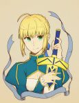  1girl ahoge artoria_pendragon_(all) bangs blonde_hair blue_ribbon braid braided_bun breasts cleavage closed_mouth cropped_torso excalibur fate/stay_night fate_(series) green_eyes grey_background hair_ribbon highres holding holding_sword holding_weapon karakuri2357 long_sleeves looking_to_the_side ribbon saber shiny shiny_hair short_hair simple_background small_breasts smile solo sword twitter_username upper_body weapon 