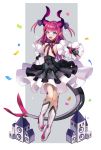  1girl absurdres arm_behind_back asymmetrical_horns bangs blue_eyes blush breasts commentary curled_horns detached_sleeves dragon_horns dragon_tail dress elizabeth_bathory_(fate) elizabeth_bathory_(fate)_(all) eyebrows_visible_through_hair fate/extra fate/extra_ccc fate/grand_order fate_(series) frills full_body gloves grey_background hair_ribbon highres holding holding_microphone horns long_hair long_tail looking_at_viewer microphone open_mouth pink_gloves pink_hair pointy_ears ribbon slaon55 small_breasts smile solo standing standing_on_one_leg tail two-tone_background two_side_up white_background 