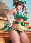  1girl adapted_costume apron artist_name bikini bikini_pull black-framed_eyewear bow breasts brown_eyes brown_hair day eva_solo freckles glasses gloves green_bikini green_bow hand_on_hip highres honeydew_mei large_breasts lips looking_at_viewer medium_hair mei_(overwatch) outdoors overwatch parted_lips red_lip round_eyewear snowball_(overwatch) solo swimsuit visor_cap waist_apron white_gloves 
