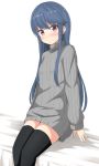 1girl absurdres aikawa_ryou bangs bed_sheet black_legwear blue_hair blush breasts closed_mouth commentary_request eyebrows_visible_through_hair grey_sweater hair_between_eyes highres long_hair long_sleeves looking_at_viewer purple_eyes ribbed_sweater shima_rin sitting sleeves_past_wrists small_breasts solo sweater thighhighs very_long_hair white_background yurucamp 