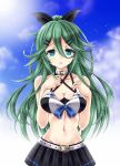  1girl amou_yuu bangs belt bikini bikini_skirt black_bow black_skirt bow bow_bikini breasts cloud cloudy_sky collar collarbone commentary_request eyebrows_visible_through_hair green_eyes green_hair hair_between_eyes hair_bow highres kantai_collection long_hair looking_at_viewer medium_breasts navel open_mouth parted_bangs portrait skirt sky solo swimsuit white_belt yamakaze_(kantai_collection) 