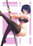  1girl :q artist_name black_bra black_legwear blue_hair bottomless bow bow_bra bra breasts commentary english_commentary eyebrows_visible_through_hair glasses hakamichi_shizune highres katawa_shoujo kuroeart large_breasts looking_at_viewer naughty_face pole_dancing purple_eyes raised_eyebrows rectangular_eyewear semi-rimless_eyewear short_hair signature simple_background smile solo stripper_pole thighhighs tongue tongue_out under-rim_eyewear underwear underwear_only 