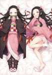  1girl :d bamboo bangs bed_sheet bit_gag black_hair blush brown_hair byulzzimon checkered commentary dakimakura fangs forehead gag gradient_hair hair_ribbon hands_up highres japanese_clothes kamado_nezuko kimetsu_no_yaiba kimono long_sleeves lying mouth_hold multicolored_hair multiple_views no_shoes obi on_back on_side open_clothes open_mouth parted_bangs pink_eyes pink_kimono pink_ribbon ribbon sash skin_fangs sleeves_past_fingers sleeves_past_wrists smile socks soles tabi white_legwear wide_sleeves 