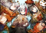  3girls admiral_graf_spee_(azur_lane) aran_sweater autumn_leaves azur_lane bangs black_hair blue_eyes blunt_bangs blush bow breasts calico cropped_jacket deutschland_(azur_lane) dress eyebrows_visible_through_hair finger_to_mouth glasses grey_hair groin hair_between_eyes hair_bow half-closed_eyes hat hat_removed headwear_removed large_breasts leaf long_hair looking_at_viewer maple_leaf midriff multicolored_hair multiple_girls navel open_mouth pleated_dress prinz_eugen_(azur_lane) red_hair short_hair sidelocks silver_hair small_breasts smile stomach streaked_hair suspenders sweater two_side_up very_long_hair white_hair yane_(gokuderanyan) 