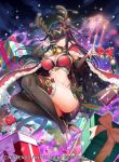  1girl antlers bell black_hair boots box breasts candelabra candle cape cleavage closed_mouth fake_antlers fire_emblem fire_emblem_awakening fire_emblem_cipher fire_emblem_heroes full_body fur_trim gift gift_box holding knee_boots kousei_horiguchi large_breasts long_hair one_eye_closed reindeer_antlers ribbon smile solo tharja thighhighs thighhighs_under_boots tiara v 