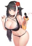  1girl alternate_breast_size azur_lane bare_shoulders bikini black_bikini black_hair black_nails blue_eyes breasts btraphen choker cleavage collarbone cowboy_shot deutschland_(azur_lane) flower front-tie_bikini front-tie_top hair_flaps hair_flower hair_ornament hands_up highres holding large_breasts leaning_forward long_hair looking_at_viewer lotion_bottle mole multicolored_hair nail_polish navel pointy_ears red_flower red_hair sidelocks simple_background skindentation solo squeezing standing stomach strap_pull streaked_hair sweat swimsuit thighs very_long_hair white_background white_hair 