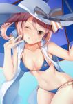  1girl ;q alternate_costume arm_up artist_name bangs bare_arms bare_shoulders beach_umbrella bent_over bikini blue_background blue_bikini blush bow breasts brown_eyes collarbone commentary_request cosplay cowboy_shot dutch_angle fate/grand_order fate_(series) gradient gradient_background hand_up hat hat_bow highres kantai_collection looking_at_viewer navel one_eye_closed parasol pink_hair sazanami_(kantai_collection) shiny shiny_skin side-tie_bikini sleeveless small_breasts solo striped striped_bow sun_hat swept_bangs swimsuit tamamo_(fate)_(all) tamamo_no_mae_(swimsuit_lancer)_(fate) tamamo_no_mae_(swimsuit_lancer)_(fate)_(cosplay) tongue tongue_out twintails umbrella v white_headwear yasume_yukito 