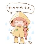  1girl alternate_costume artist_logo boots brown_hair closed_eyes closed_umbrella facing_viewer fang full_body hanomido holding holding_umbrella ikazuchi_(kantai_collection) kantai_collection raincoat rubber_boots short_hair skin_fang smile solo standing translated umbrella water_drop white_background yellow_raincoat 