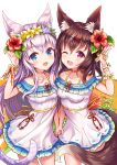  2girls :d ;d absurdres animal_ear_fluff animal_ears blue_eyes blush breasts brown_hair cat_ears cat_girl cat_tail choker collarbone cowboy_shot dress eyebrows_visible_through_hair flower fox_ears fox_girl fox_tail hair_flower hair_ornament hairclip hand_up head_wreath heart heart_in_eye hibiscus highres holding_hands long_hair looking_at_viewer medium_breasts multiple_girls one_eye_closed open_mouth original purple_flower red_eyes red_flower sakura_ani side-by-side silver_hair small_breasts smile symbol_in_eye tail very_long_hair white_dress x_hair_ornament yellow_flower 