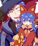  1boy 1girl animal_hat beard blue_eyes blue_hair cat_hat facial_hair father_and_daughter fire_emblem fire_emblem:_the_blazing_blade fire_emblem_heroes gloves halloween_costume hat hector_(fire_emblem) inha_(ingha) lilina_(fire_emblem) one_eye_closed open_mouth pumpkin witch_hat 