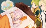  1boy 2girls bed blanket blonde_hair braid closed_eyes closed_mouth commentary_request crown_braid dreaming fire_emblem fire_emblem:_the_binding_blade fire_emblem_heroes green_eyes green_hair idunn_(fire_emblem) long_hair lugh_(fire_emblem) lying multiple_girls on_side open_mouth pillow purple_hair sharena shoochiku_bai short_hair short_sleeves sleeping twitter_username 