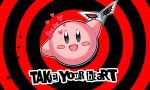  :d black_background blue_eyes blush_stickers commentary english_commentary english_text happy heart kirby kirby_(series) looking_at_viewer mask no_humans open_mouth parody persona persona_5 red_background smile solo super_smash_bros. text_focus two-tone_background 