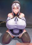  1girl apron bare_shoulders black_neckwear breasts collar covered_navel covered_nipples curvy frilled_skirt frills glasses gloves gonster hand_on_breasts highres huge_breasts labiata_(last_origin) last_origin looking_at_viewer maid maid_apron maid_headdress orange_eyes parted_lips rimless_eyewear sidelocks silver_hair skirt squatting taut_clothes thick_thighs thighhighs thighs tile_floor tiles white_gloves 