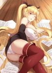  1girl arm_support ass azur_lane bangs bare_shoulders black_ribbon blonde_hair blush boots breasts cleavage commentary_request detached_sleeves eyebrows_visible_through_hair fallen_down hair_ribbon highres huge_breasts indoors long_hair lying manno_(kanpi2100) neck_ribbon nelson_(azur_lane) on_side one_eye_closed open_mouth panties pantyshot pantyshot_(lying) paperwork red_eyes red_footwear ribbon sidelocks solo sweatdrop thigh_boots thighhighs twintails underwear very_long_hair white_ribbon wooden_floor 