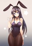  1girl aa2233a animal_ears arm_at_side bare_shoulders black_bow black_hair blue_eyes bow bowtie breasts brown_legwear bunny_ears bunny_girl bunny_hair_ornament bunnysuit cat_ears cleavage covered_navel detached_collar fake_animal_ears hair_ornament hairclip hand_up highres large_breasts leotard long_hair looking_at_viewer pantyhose sakurajima_mai seishun_buta_yarou simple_background smile solo star thigh_gap wrist_cuffs 