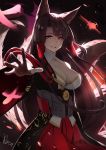  1girl akagi_(azur_lane) animal_ears azur_lane bangs breasts brown_hair cleavage cleavage_cutout dark_background fox_ears fox_tail hair_tubes highres hoshizaki_reita large_breasts long_hair looking_at_viewer open_mouth outstretched_hand red_eyes sidelocks signature standing tail wide_sleeves 