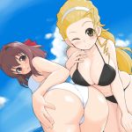  2girls ahoge ass bent_over bikini black_bikini blonde_hair blue_sky blush breasts brown_eyes brown_hair cleavage closed_mouth cloud cloudy_sky commentary day dutch_angle from_behind girls_und_panzer hair_pulled_back hairband hand_on_own_ass hand_on_own_chest hand_on_own_thigh headband highres kondou_taeko large_breasts leaning_forward light_frown long_hair looking_at_viewer looking_back medium_breasts multiple_girls ocean one_eye_closed outdoors ponytail red_headband sasaki_akebi sky smile standing sweatdrop swimsuit white_bikini white_hairband yabai_gorilla 