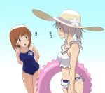  2girls arms_behind_back bikini blue_background blue_swimsuit blush commentary competition_school_swimsuit eyebrows_visible_through_hair flower frilled_bikini frills from_side frown girls_und_panzer glaring gradient gradient_background half-closed_eyes hat hat_flower highres holding holding_innertube innertube itsumi_erika leaning_forward looking_at_another medium_hair multiple_girls name_tag navel nishizumi_miho one-piece_swimsuit open_mouth school_swimsuit short_hair short_ponytail standing sun_hat sweatdrop swimsuit translated wata_do_chinkuru white_bikini white_headwear 