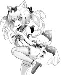  1girl animal_ear_fluff animal_ears arm_ribbon ass azur_lane bangs blush bow cat_ears fang frilled_skirt frills from_side greyscale hair_bow highres hori_(hori_no_su) medium_hair midriff miniskirt monochrome navel open_mouth paw_pose ribbon rudder_footwear sailor_collar sidelocks simple_background skin_fang skirt solo standing standing_on_one_leg surprised suspender_skirt suspenders sweatdrop thighhighs thighs twintails white_background yukikaze_(azur_lane) 