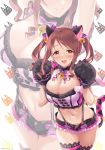  1girl :d animal_ears arms_up bell black_shorts blush bow bowtie breasts brown_eyes brown_hair buttons cat_ears cat_girl cat_tail choker cleavage commentary_request crop_top gloves hair_bow hands_up highres idolmaster idolmaster_cinderella_girls jingle_bell lace lace-trimmed_legwear large_breasts long_hair looking_at_viewer micro_shorts midriff mifune_miyu mizuki_makoto multiple_views navel open_mouth parted_lips paw_gloves paws purple_shirt ribbon shirt shorts sidelocks smile standing stomach suspenders sweatdrop tail tail_ribbon thighhighs thighs twintails wavy_hair 