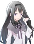  1girl akemi_homura arm_at_side bangs black_capelet black_hair black_hairband capelet close-up eyebrows_visible_through_hair flat_chest hair_between_eyes hairband hand_in_hair hand_up light_smile long_hair long_sleeves looking_away mahou_shoujo_madoka_magica moexxmoe parted_bangs purple_eyes purple_ribbon ribbon shirt simple_background smile solo upper_body white_background white_shirt 