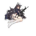  1girl alternate_costume animal_ear_fluff animal_ears assault_rifle bag bangs black_hair blue_sweater blush breasts brown_footwear bullpup cat_ears eyebrows_visible_through_hair finger_to_mouth girls_frontline grey_scarf gun hair_ornament hat heart holding kneehighs large_breasts legs loafers long_hair long_sleeves looking_at_viewer nishiro_ryoujin official_art parted_lips qbz-95 qbz-95_(girls_frontline) rifle scarf school_uniform shoes shoes_removed shushing sitting skirt solo sweater thigh_strap torn_clothes torn_legwear torn_skirt torn_sweater transparent_background very_long_hair weapon white_headwear white_legwear yellow_eyes 