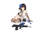  1girl alternate_costume assault_rifle bangs black_hair blue_bow blue_flower bow breasts brown_gloves brown_legwear bullpup closed_mouth elbow_gloves flower girls_frontline gloves gun hair_between_eyes hair_flower hair_ornament hand_to_own_mouth kishiyo large_breasts long_hair looking_at_viewer official_art qbz-95 qbz-95_(girls_frontline) rifle shoes sitting solo thighhighs torn_clothes torn_legwear transparent_background very_long_hair weapon white_footwear yellow_eyes 