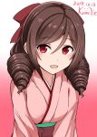  1girl blush bow brown_hair dated drill_hair eyebrows_visible_through_hair hair_bow harukaze_(kantai_collection) highres japanese_clothes kamelie kantai_collection kimono long_hair meiji_schoolgirl_uniform open_mouth pink_kimono red_bow red_eyes signature simple_background solo twin_drills upper_body 