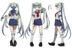  1girl arm_behind_back back bangs character_sheet closed_mouth color_guide enouchi_ai from_side green_hair hand_on_hip light_green_hair long_hair original red_neckwear school_uniform simple_background solo standing twintails very_long_hair walking white_background white_nails yellow_eyes 