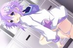  1girl bare_legs barefoot blush d-pad d-pad_hair_ornament from_side hair_ornament hood hood_down hooded_jacket iwasi-r jacket looking_at_viewer neptune_(neptune_series) neptune_(series) panties purple_eyes purple_hair short_hair short_hair_with_long_locks solo striped striped_panties underwear undressing 