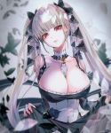  1girl azur_lane between_breasts black_butterfly breasts bug butterfly cleavage detached_collar formidable_(azur_lane) frills hair_ribbon highres insect large_breasts lips long_hair looking_at_viewer no_bra parted_lips ribbon sanamisa silver_hair skirt skirt_lift twintails very_long_hair 