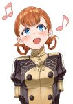  1girl absurdres annette_fantine_dominic bangs blue_eyes blush breasts commentary epaulettes eyebrows_visible_through_hair fire_emblem fire_emblem:_three_houses garreg_mach_monastery_uniform highres jacket juliet_sleeves koko_(kokokoko920) long_sleeves musical_note open_mouth orange_hair puffy_sleeves simple_background small_breasts smile solo twintails uniform upper_body white_background 