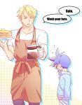  2boys ahoge apron batakopart2 blonde_hair blue_hair child coffee_pot english_text food galo_thymos holding holding_plate kray_foresight looking_at_another male_focus multiple_boys pajamas pancake plate promare shirt short_sleeves simple_background speech_bubble spiked_hair stack_of_pancakes standing white_background white_shirt younger 