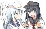  2girls akatsuki_(kantai_collection) anchor_print bangs black_sailor_collar blue_eyes blue_hair blue_sailor_collar closed_mouth commentary_request crying crying_with_eyes_open ebizome eyebrows_visible_through_hair flat_cap hair_between_eyes hair_over_shoulder hat hibiki_(kantai_collection) kantai_collection long_hair long_sleeves motion_lines multiple_girls neckerchief reaching_out red_neckwear remodel_(kantai_collection) sailor_collar school_uniform serafuku simple_background smile speech_bubble sweat tears translated trembling upper_body verniy_(kantai_collection) wavy_mouth white_background white_hair 