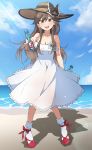  1girl alternate_costume arashio_(kantai_collection) bangs beach blush bottle bow breasts brown_eyes brown_hair cleavage cloud day dress drink eyebrows_visible_through_hair frilled_dress frills full_body hat hat_bow highres holding kantai_collection long_hair nel-c ocean open_mouth outdoors ramune red_footwear sand sky socks solo standing sun_hat sundress water white_dress white_legwear 