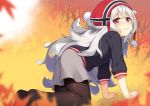  1girl all_fours autumn_leaves azur_lane bangs beanie black_shirt blurry blurry_foreground blush brown_legwear closed_mouth commentary_request depth_of_field eyebrows_visible_through_hair graf_zeppelin_(azur_lane) grey_hair grey_skirt hair_between_eyes hat highres leaf long_hair long_sleeves looking_at_viewer looking_to_the_side maple_leaf no_shoes olive_(laai) pantyhose red_eyes red_headwear shirt skirt soles solo tree very_long_hair younger zeppelin-chan_(azur_lane) 