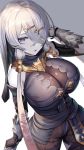  1girl :o atelier_(series) atelier_ryza bangs belt bodysuit breasts brown_bodysuit cleavage crossed_bangs dakunesu fur hair_ornament hair_over_one_eye hairclip highres hood hood_down hooded_vest large_breasts lila_decyrus long_hair low_twintails pale_skin purple_eyes silver_hair simple_background solo twintails very_long_hair vest 