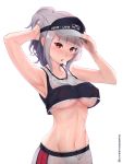  1girl alternate_costume armpits azur_lane bangs baseball_cap blunt_bangs blush breasts collarbone covered_nipples crop_top crop_top_overhang eyebrows_visible_through_hair giulio_cesare_(azur_lane) giulio_cesare_(fitness_master)_(azur_lane) grey_hair hat heavy_breathing large_breasts long_hair looking_at_viewer navel open_mouth ponytail red_eyes shiny shiny_skin short_shorts shorts sidelocks simple_background solo stomach sweat twitter_username underboob unmeinobasho white_background 