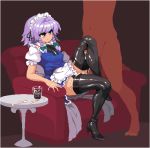  1boy 1girl apron black_footwear black_legwear blush braid breasts clothed_female_nude_male couch cum cum_on_body cum_on_lower_body cup drinking_glass garter_straps groin hetero high_heels izayoi_sakuya long_hair lowres maid maid_apron maid_headdress navel nude penis puffy_sleeves purple_eyes purple_hair sitting table takorin thigh_sex thighhighs tiptoes touhou 