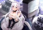  1girl apron azur_lane bangs bare_shoulders belfast_(azur_lane) blue_dress blush braid breasts broken broken_chain cannon chain cleavage closed_mouth collar dress elbow_gloves french_braid frilled_apron frilled_gloves frills gauntlets gloves kanzaki_kureha large_breasts long_hair looking_at_viewer maid_headdress rigging silver_hair smile solo turret white_apron white_gloves 
