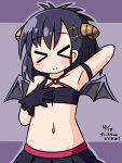  &gt;_&lt; 1girl armpits bangs bare_shoulders black_gloves black_hair black_skirt black_wings blush breasts cleavage closed_eyes closed_mouth crop_top curled_horns dated demon_girl demon_horns demon_wings eyebrows_visible_through_hair facing_viewer gabriel_dropout gloves hair_between_eyes hair_ornament hairclip hallelujah_essaim hana_kazari hand_up highres horns long_hair navel outline pleated_skirt purple_background purple_outline skirt small_breasts smile solo translation_request tsukinose_vignette_april two-tone_background wings x_hair_ornament 