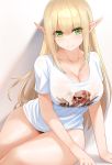  1girl bangs blonde_hair blush breasts cleavage closed_mouth collarbone commentary elf eyebrows_visible_through_hair eyelashes green_eyes grey_background hair_between_eyes highres large_breasts long_hair looking_at_viewer naked_shirt no_bra no_panties obaoba_(monkeyix) original pointy_ears shadow shirt short_sleeves sidelocks sitting smile solo t-shirt thick_thighs thighs white_shirt 