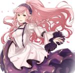  1girl alternate_costume black_hairband braid dress fire_emblem fire_emblem_awakening hairband haru_(nakajou-28) long_hair long_sleeves olivia_(fire_emblem) petals pink_eyes pink_hair ponytail simple_background solo twin_braids white_background 