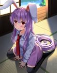  1girl :t animal_ears bangs banned_artist black_legwear blush breasts bunny_ears commentary_request eyebrows_visible_through_hair hair_between_eyes highres indoors long_hair long_sleeves looking_at_viewer medium_breasts miniskirt necktie no_shoes purple_hair purple_skirt red_eyes red_neckwear reisen_udongein_inaba shadow shirt sitting skirt sliding_doors solo tatami thighhighs touhou very_long_hair wariza white_shirt yuuka_nonoko zettai_ryouiki 