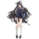  1girl alternate_costume animal_ear_fluff animal_ears assault_rifle bangs black_hair blue_sweater blush breasts brown_footwear bullpup cat_ears closed_mouth earphones eyebrows_visible_through_hair finger_to_mouth girls_frontline grey_scarf gun hair_ornament hat holding kneehighs large_breasts loafers long_hair long_sleeves looking_at_viewer media_player nishiro_ryoujin official_art qbz-95 qbz-95_(girls_frontline) rifle scarf school_uniform shoes shushing smile solo sweater thigh_strap transparent_background very_long_hair weapon white_headwear white_legwear yellow_eyes 