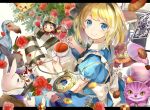  1girl alice_(wonderland) alice_in_wonderland apron back_bow black_ribbon blonde_hair blue_dress blue_eyes book bow bunny card checkerboard_cookie cheshire_cat commentary cookie crown cup dodo_(bird) dress flower food glasses hair_ribbon hat hat_ornament heart heart_print highres holding holding_cup instrument looking_at_viewer neck_ruff piyo_(sqn2idm751) playing_card pocket_watch puffy_short_sleeves puffy_sleeves queen_of_hearts red_dress red_ribbon ribbon rose saucer scepter short_hair short_sleeves smile striped striped_legwear tea teacup trumpet watch white_bow white_rabbit 